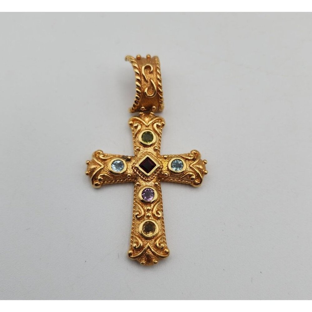 Sterling Silver 925 over Gold Gemstone cross pendant 2 3/8"